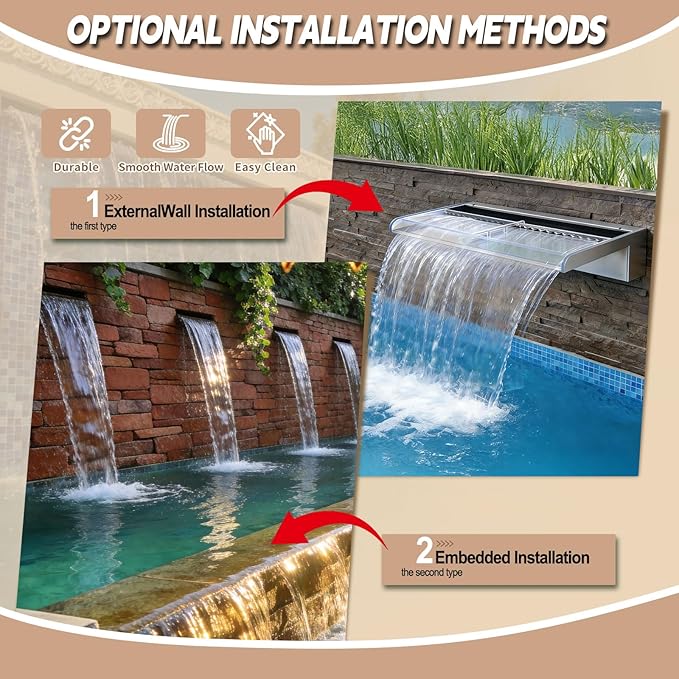 Pool Fountain, Transparent Acrylic Pool Waterfall Spillway with Pipe Connector Kits for Indoor/Outdoor Decorative, 23.6 Inches Pool Water Feature for Garden Patio, Backyard Koi Pond Decor