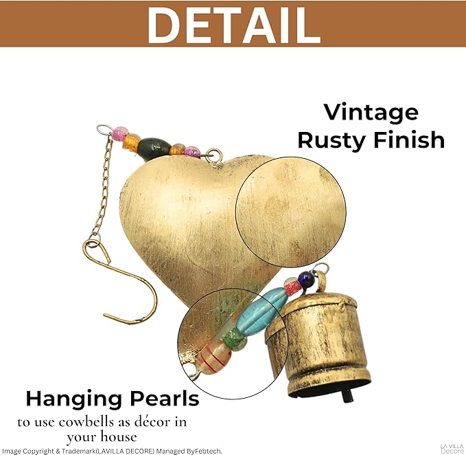 Brass Heart-Shaped with Colorful Beads and Hanging Bell – Handmade Vintage Bell Ornament for Garden, Patio, Porch, and Indoor/Outdoor Wall Decor, Beaded Heart Charm for Home or Yard