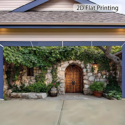 Garage door banner cover, 6x13 ft old stone house features ivy background, Large Outdoor Backyard Landscape Decoration (Stone House)