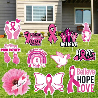 Amyhill 12 Pcs Breast Cancer Awareness Yard Signs Decoration for Outdoor Pink Ribbon Garden Lawn Signs with Stakes Waterproof Decor Gifts for Women Festive Holiday Party Patio Lawn Walkway Decoration