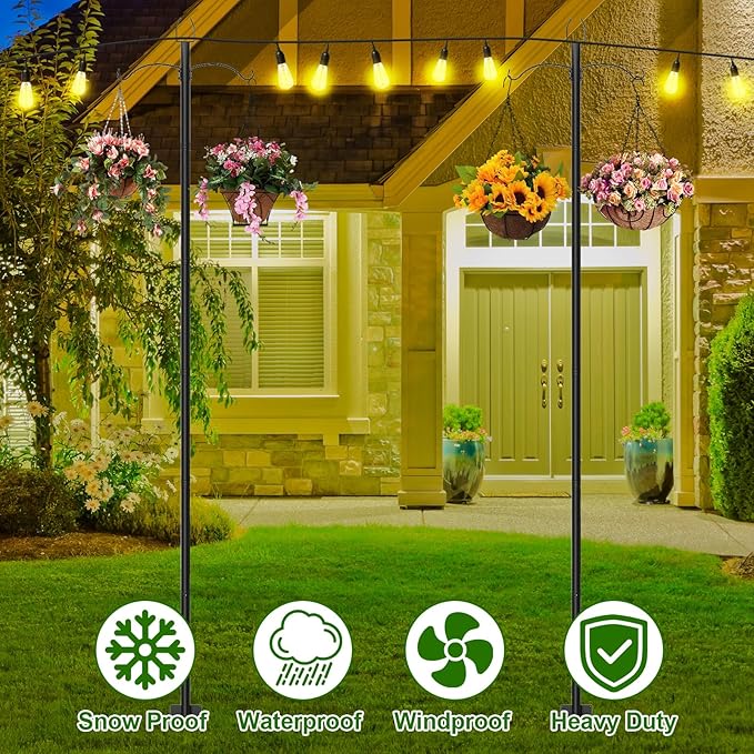 2 Pack String Light Poles for Outside, 9FT Heavy Duty Light Poles Outdoor with Shepherds Hooks for Bird Feeder & Plant Hanging, Adjustable Height Metal Pole for Garden Party Backyard Patio Decor