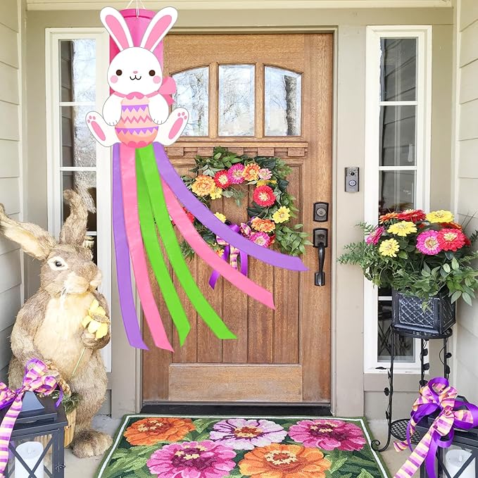 40 Inches Easter Bunny Windsock Decorations, Hanging Outdoor Spring Decor with Colorful Streamers and Cute Rabbit Egg Design, Festive Holiday Wind Sock Ornament for Outside Garden, Patio, and Yard