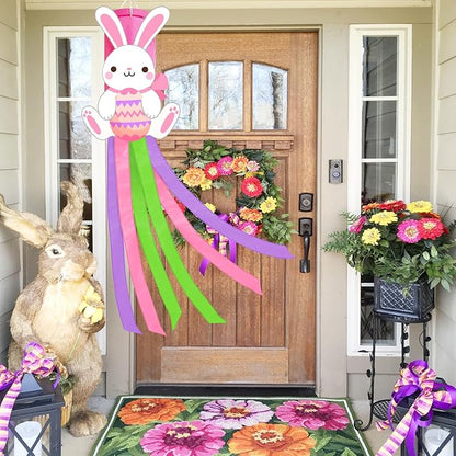 40 Inches Easter Bunny Windsock Decorations, Hanging Outdoor Spring Decor with Colorful Streamers and Cute Rabbit Egg Design, Festive Holiday Wind Sock Ornament for Outside Garden, Patio, and Yard