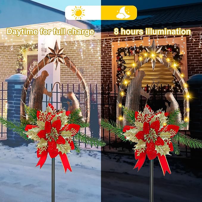 Moukeren 2 Pcs 2 Pcs 3.5ft Nativity Scene Outdoor Yard Stakes, Solar Lighted Outdoor Metal Christmas Nativity Scene Decoration for Christmas Holiday Lawn Garden Yard Decoration (Rustic)