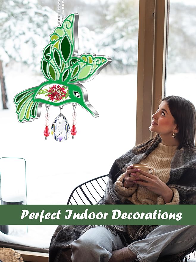 KY&BOSAM Hummingbird Suncatcher Crystal Colorful Rainbow Prisms Sun Catchers for Windows Hangings Wind Chimes Ornaments with Pressed Flower and Metal Charms Gifts for Mom Mothers Day Christmas Decor
