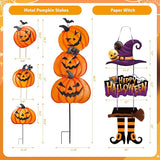 Halloween Metal Pumpkin Yard Stakes, Stackable Pumpkin Signs Garden Stake with Witch Door Hanging, Outdoor Halloween Decorations for Lawn Party (Set of 3, Style B)