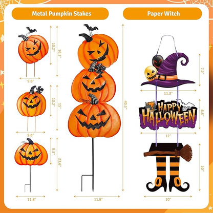 Halloween Metal Pumpkin Yard Stakes, Stackable Pumpkin Signs Garden Stake with Witch Door Hanging, Outdoor Halloween Decorations for Lawn Party (Set of 3, Style B)