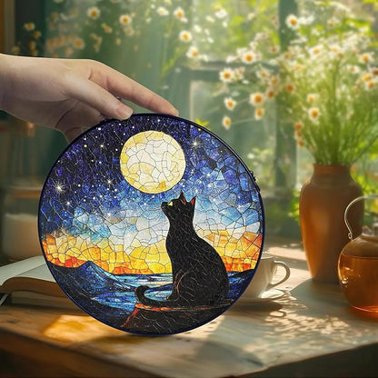 Black Cat Starry Night Stained Glass Suncatcher Window Hanging Decor for Garden, Cat Suncatcher Window Panel Gifts for Cats Lovers, Memorial Gifts for Pet Loss Sympathy Gift for Outdoor Decorations