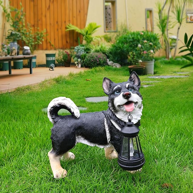 Black Husky Path Companion with Solar Lantern and Double-Sided Sign, Standing Husky Statue for Terrace, Walkway, Patio & Porch