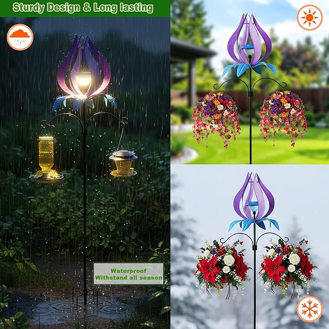 Multi-Functional Yard Wind Spinners with Solar Lights Outdoor Garden,YNGFIL Large Ornaments Outdoor with Double Shepherds Hooks and Coconut Fiber Liner Hanging Planters (83 in)