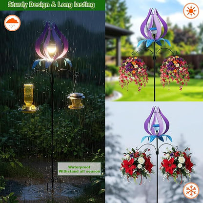Multi-Functional Yard Wind Spinners with Solar Lights Outdoor Garden,YNGFIL Large Ornaments Outdoor with Double Shepherds Hooks and Coconut Fiber Liner Hanging Planters (83 in)