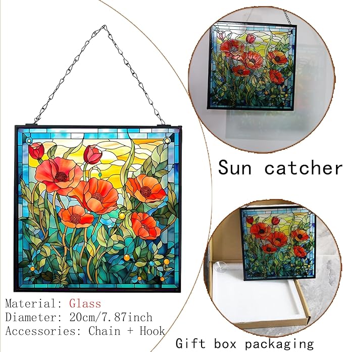 Poppy Hanging Stained Glass Suncatcher for Windows, 20cm/7.87inch Window Suncatcher Hanging Ornaments Wall Art,Hand-Painted Glass Panel Home Decor for Mom Grandma