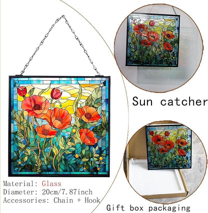 Poppy Hanging Stained Glass Suncatcher for Windows, 20cm/7.87inch Window Suncatcher Hanging Ornaments Wall Art,Hand-Painted Glass Panel Home Decor for Mom Grandma