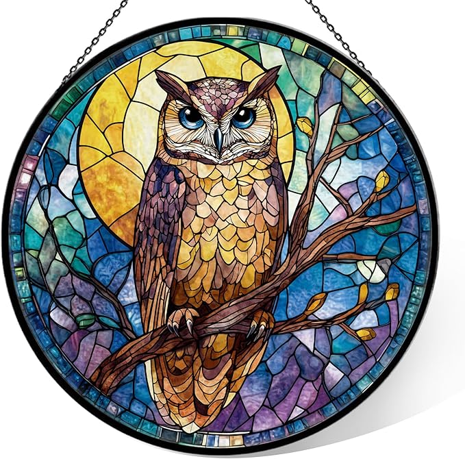 Owl Stained Glass Window Hanging, 7.9" Owl on a Branch Suncatcher for Window Doors Home Decoration, Owls Decor for Home, Mother's Day Christmas Birthday Gifts for Owls Lovers Women Men