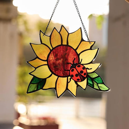 Stained Glass Suncatcher, Sunflower and Ladybug Window Hanging, Hand-Painted (Style 4)