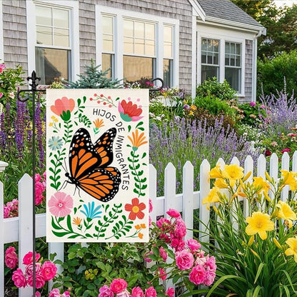 Hijos De Inmigrantes Garden Flag, 12 x 18 Inch Double Sided Political Yard Sign, Funny Monarch Butterfly Decor Flag for Outside Garden Yard, Immigrant Pride Gifts for Social Justice Supporter