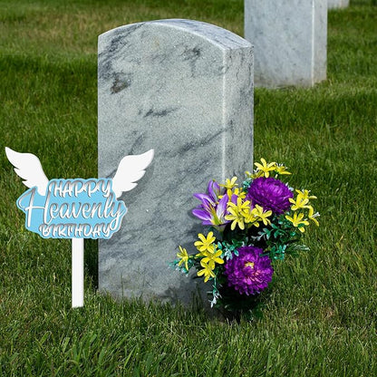 AceOrbit 13.8 X 7.9 Inches Large Happy Birthday in Heaven Decorations Cemetery Decorations for Grave Metal Memorial Remembrance Stake, Grave Markers for Human Cemetery Garden Yard Site Outdoor(Blue)