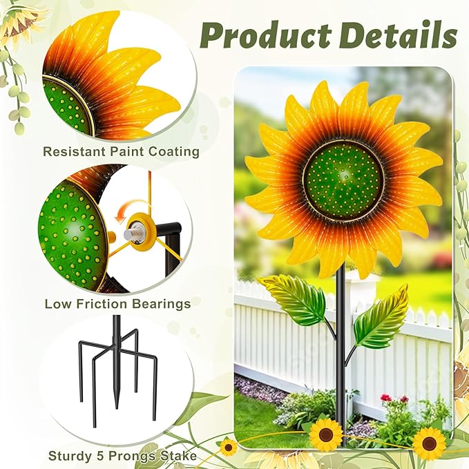 Sunflower Wind Spinners Outdoor, 46.7" H x 12.6" W Metal Wind Sculptures & Spinners with 5 Prong Stake, Garden Windmill for Yard Lawn Patio Art Decor Yellow