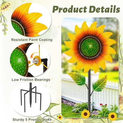 Sunflower Wind Spinners Outdoor, 46.7" H x 12.6" W Metal Wind Sculptures & Spinners with 5 Prong Stake, Garden Windmill for Yard Lawn Patio Art Decor Yellow
