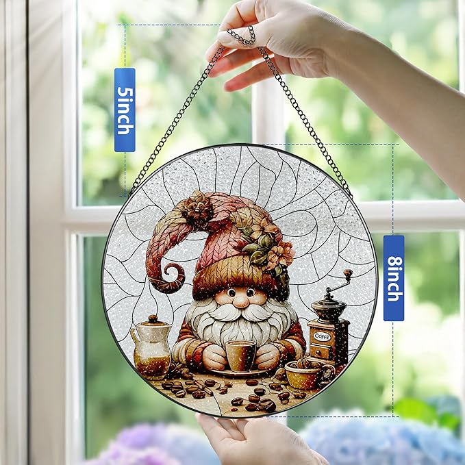 Stained Glass Window Hanging, Pauyadu Charming Gnome Sun Catchers, Stained Glass Suncatcher, Gnome Decor Gifts for Women, Mom, Grandma, Wife - 8 Inch