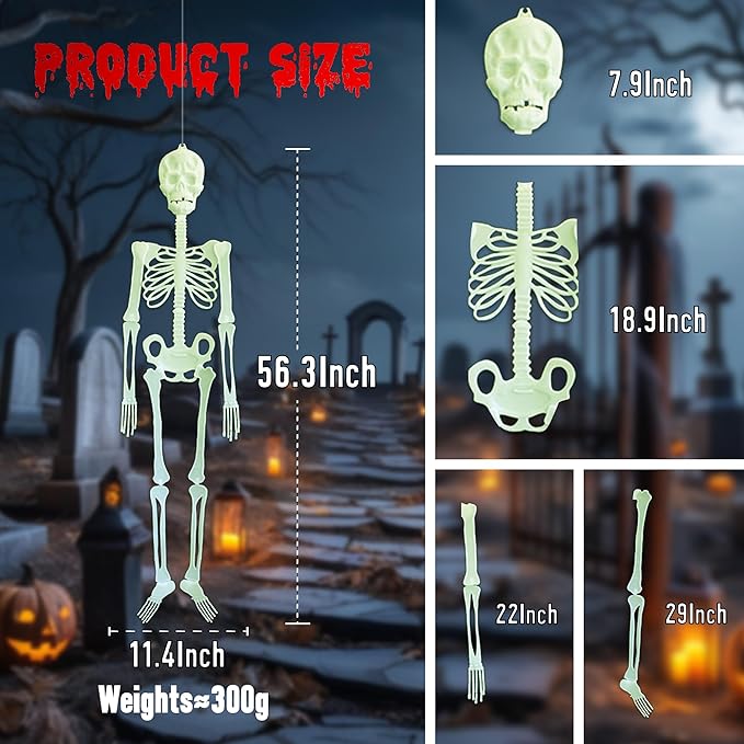 Hanging 4.9 Ft Halloween Skeleton Decorations with Glowing Posable Skeletons,Hanging Skeleton Decoration Glow in The Dark for Garden Party Tree Porch Yard Lawn Indoor Outdoor Decor