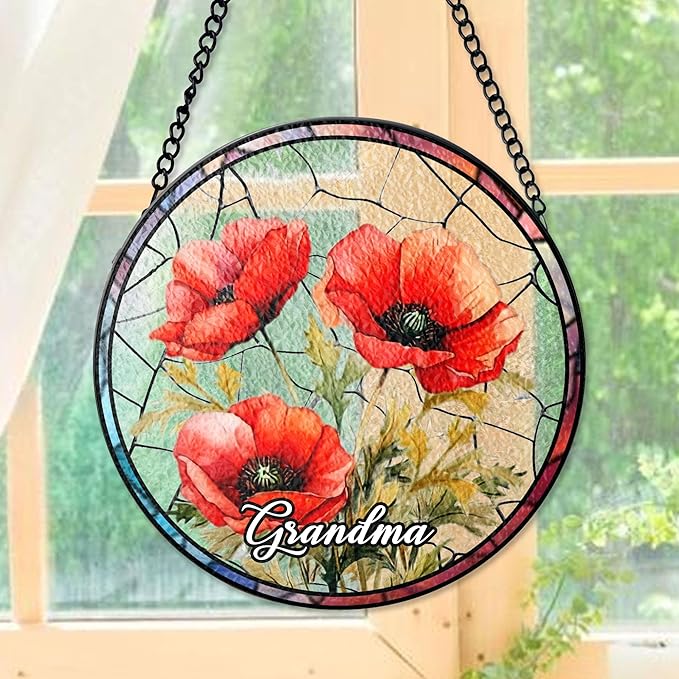 NAZENTI Personalized Grandma Flower Garden Gifts for Mother's Day, Personalized Stained Glass Window Hanging Suncatcher with Kids Name, Birth Flower Memorial Gift