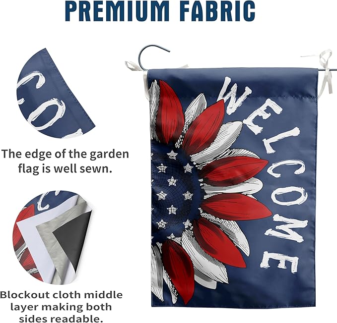 4th of July Sunflower House Flag Red White Blue Floral Garden Flags 28x40 Double Sided Large Memorial Independence Day Banner for Outside Outdoor Patriotic Decor