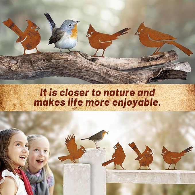 5-Pack Rustic Metal Bird Statues for Outdoor Garden - Vintage Yard Art Decor with Realistic Bird Shapes for Fence, Patio, Lawn Ornament