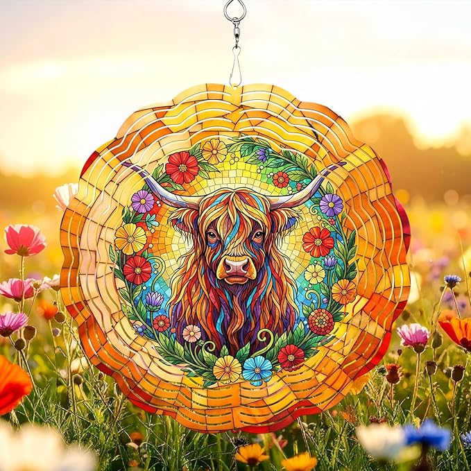Highland Cow Wind Spinner, 3D Hanging Stainless Steel Garden Spinner, Wind Spinner Hanging for Outdoor & Indoor Décor, Unique Gifts for Yard Garden Decoration or Patio Décor (Highland Cow)