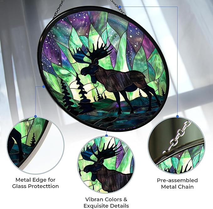 Aurora Borealis Christmas Moose Stained Glass Suncatcher 4 Season Colorful Window Wall Ornament Hand-Painted Glass Panel Decor Gift for Women Christmas Thanksgiving Gift 6.3"