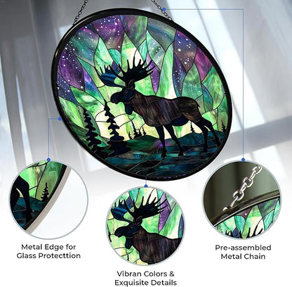 Northern Lights Christmas Moose Stained Glass Sun Catcher with Mountain Stained Glass Window Hanging, Suncatchers, Lavender Wall Decor, for Women/Friends/Lover