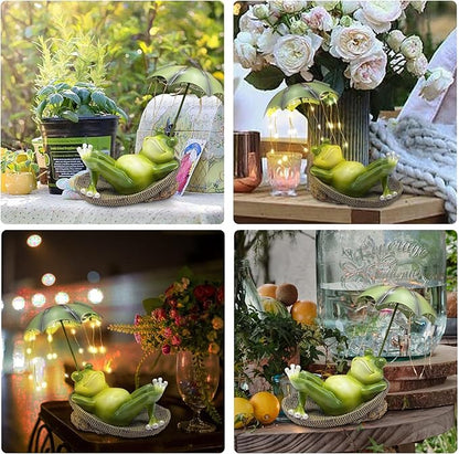 6.7" Solar Frog Garden Statue with Light Up Umbrella - IP65 Waterproof Resin Sculpture, Outdoor Figurine for Patio Yard Pond, Unique Gardening Gifts for Women/Mom