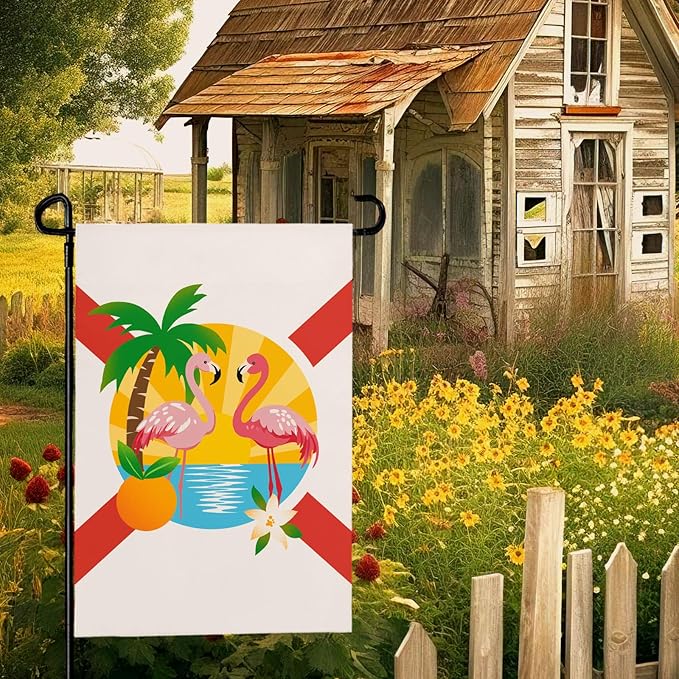 Florida Garden Flag Outdoor with Flamingos Palm Tree Orange Blossom Sunset Tropical Beach Scene House Banner Welcome Summer Spring Yard Porch Patio Seasonal Decoration Miami Vibes 12x18 Inch