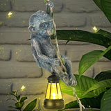 Rossesay Solar Light Outdoor Monkey Statues Bronze 7.48 Inch Resin Chimpanzee Baby Monkey Climbing on Vine with LED Lantern Waterproof Hanging Figurine with Hook for Yard Garden Wall