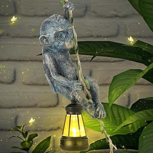 Rossesay Solar Light Outdoor Monkey Statues Bronze 7.48 Inch Resin Chimpanzee Baby Monkey Climbing on Vine with LED Lantern Waterproof Hanging Figurine with Hook for Yard Garden Wall