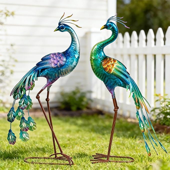 chisheen Metal Peacock Statue Garden Decor Yard Art Decoration Outdoor Sculpture,Set of 2,Housewarming Birthday for Women Mom