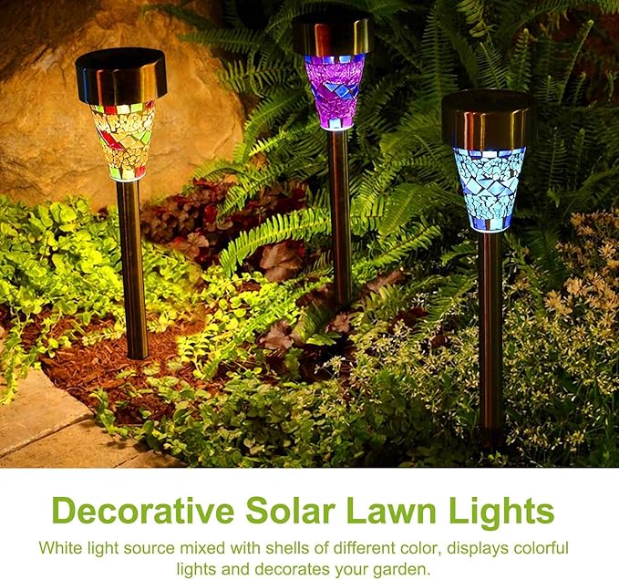 Solar Lights Outdoor Decorative, Solar Garden Lights Stakes, Flower Bed Decorations Mosaic, Decor for Path, Waterproof, 6 Pack