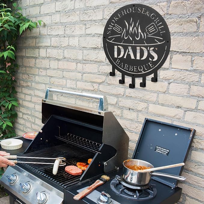 Qmetalart Metal BBQ Sign with Utensil Hangers Smokehouse Wall Art for Outdoor Grill Area Patio Backyard Decor Barbecue Grill Gift for Dad, Grandpa, Papa - Father’s Day Gift