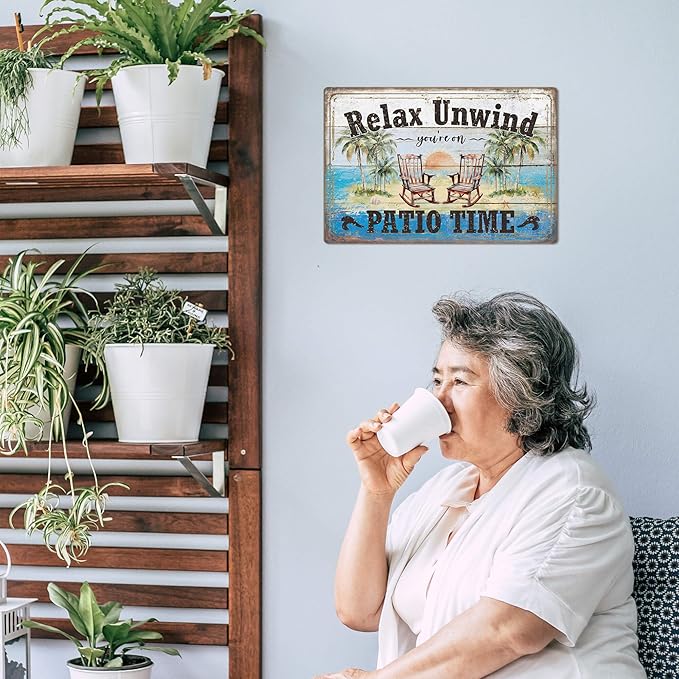 Putuo Decor Funny Patio Metal Tin Sign Backyard Signs Vintage Relax Unwind You'Re On Patio Time Tin Signs Patio Wall Decor For Outdoor Porch Decor 12x8 Inches