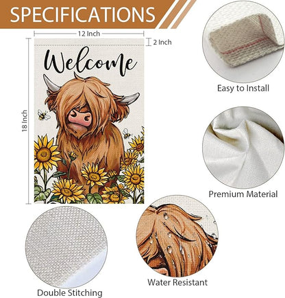 Heyfibro Welcome Spring Summer Highland Cow Garden Flag 12x18 Inch Double Sided Burlap, Farmhouse Sunflower Yard Flags for Seasonal Outside Outdoor Decoration (ONLY FLAG)