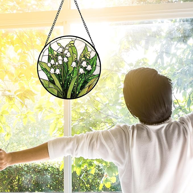 DASTOLL Stained Glass Window Hanging, Lily of the Valley Flower Sun Catchers Colorful Glass Panel Green Plants Suncatcher Decor for Birthday for Women,Men,Wife, Lovers, and Mom 6.3 in