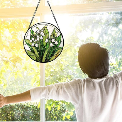 DASTOLL Stained Glass Window Hanging, Lily of the Valley Flower Sun Catchers Colorful Glass Panel Green Plants Suncatcher Decor for Birthday for Women,Men,Wife, Lovers, and Mom 6.3 in