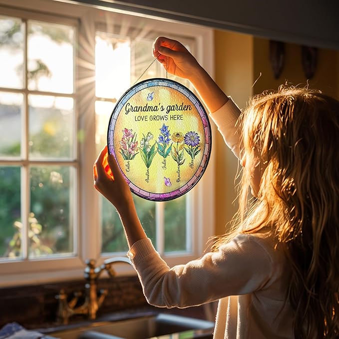 Personalized Grandma’s Garden Stained Glass Window Hanging Ornament, Custom Birth Month Flowers with Kids’ Names, Grandma Love Grows Here Floral Art Decoration, for Mom Grandma