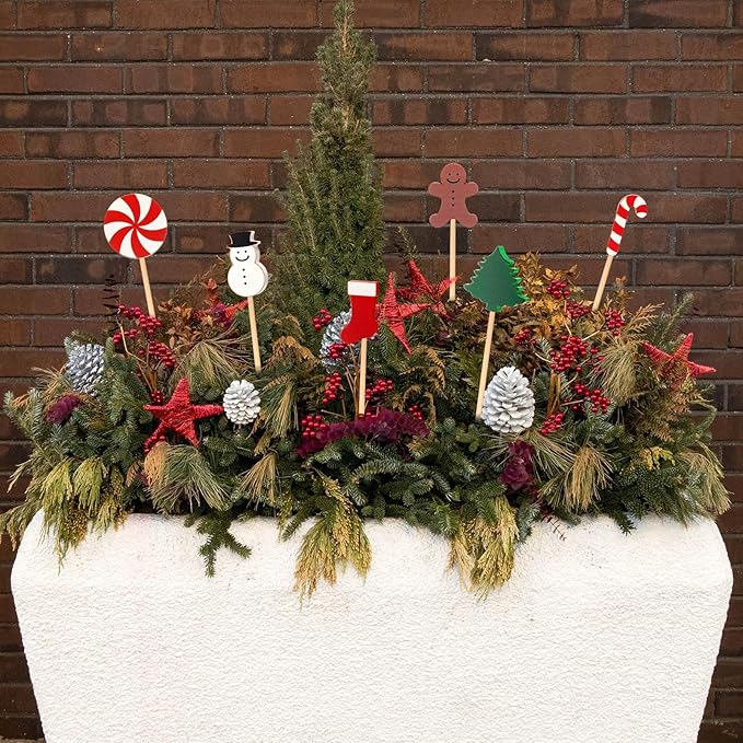 6 Pcs Wooden Christmas Garden Stakes Yard Decoration Front Yard Art Stick Flower Sticks Holiday Supplies for Christmas Indoor and Outdoor Lawn Path Terrace Flower Pots Theme Event Party