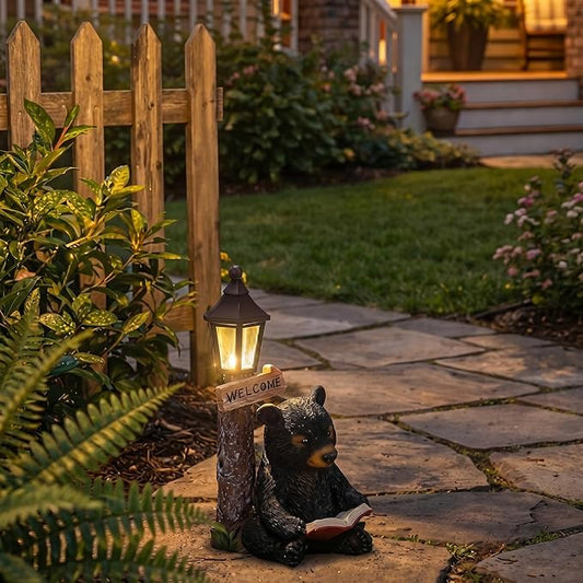 Lyeasw Solar Outdoor Bear Garden Statues – Bear Figurine Lights Decor with Welcome Sign for Lawn, Patio & Porch – Perfect Mother’s Day, Birthday & Housewarming Gifts