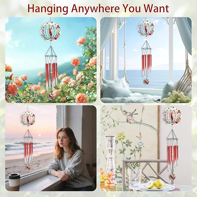 Wind Chimes with Cardinal Wind Spinner, Bird Decor Gift for Women Men, Hanging Metal Wind Catcher with 2" Center Pendant, 6" 3D Stainless Steel Kinetic Art for Garden Yard