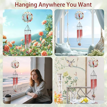 Wind Chimes with Cardinal Wind Spinner, Bird Decor Gift for Women Men, Hanging Metal Wind Catcher with 2" Center Pendant, 6" 3D Stainless Steel Kinetic Art for Garden Yard