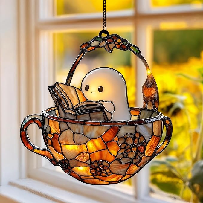 Reading Ghost Teacup Acrylic Suncatcher, Bookish Suncatchers for Window Hanging Ornament, Art Garden Decor for Book Lover Reader Bookworm, Gifts for Mother's Day, Mom, Grandma, Wife, Women, Nana