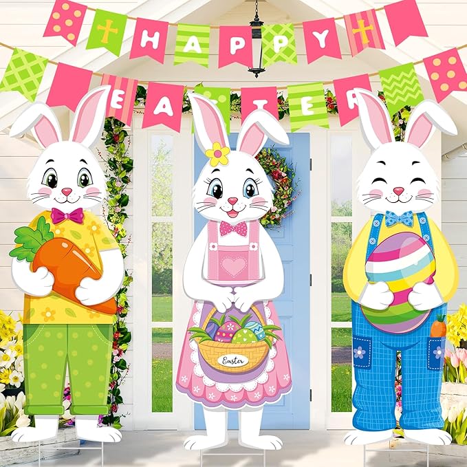 Umigy 3 Pcs Easter Yard Decor Outdoor Bunny Sign with Stakes, Spring 10 x 32 Inch Cute Bunny Egg Carrot Garden Decorations for Party Supplies Prop Patio Lawn