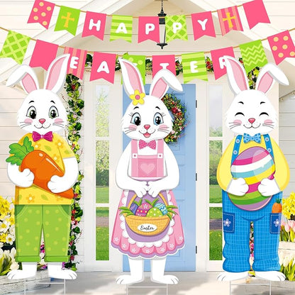 Umigy 3 Pcs Easter Yard Decor Outdoor Bunny Sign with Stakes, Spring 10 x 32 Inch Cute Bunny Egg Carrot Garden Decorations for Party Supplies Prop Patio Lawn